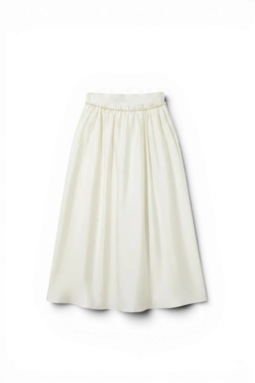 Meraki Closet PS beige midi skirt featuring a delicate pearl-embellished waistband and a soft, flowing silhouette.