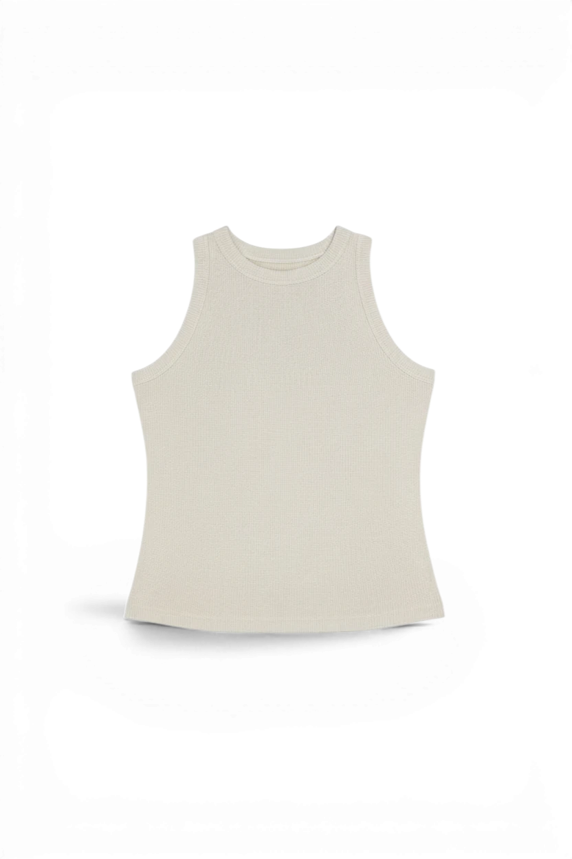 Meraki Closet PS beige sleeveless ribbed crop top with a subtle shimmer, made from lightweight lycra fabric.