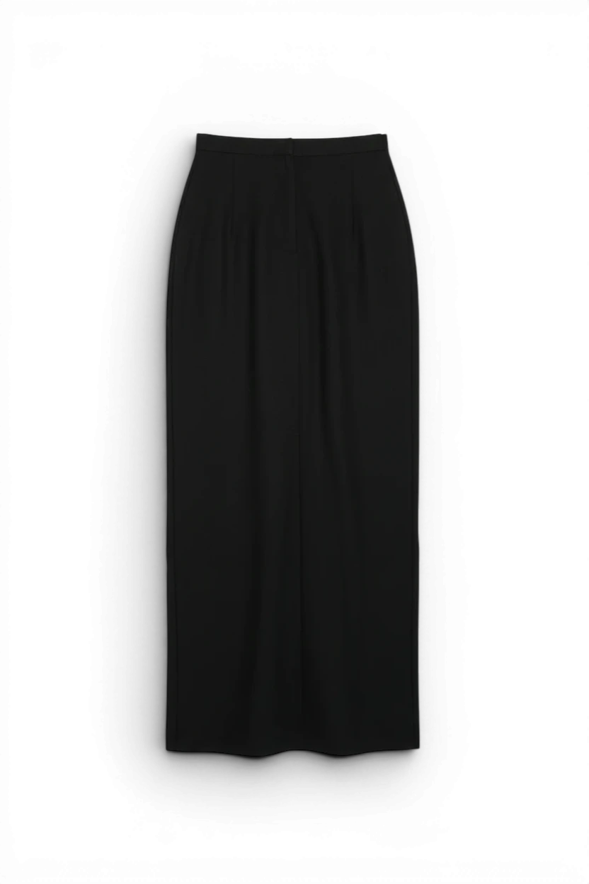 Meraki Closet PS black high-waisted long fabric skirt with a minimalist tailored design.