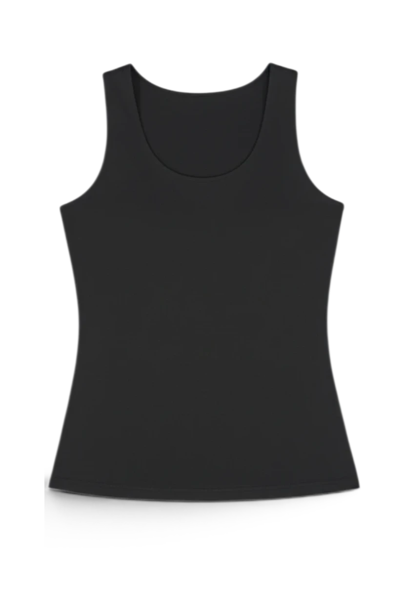 Meraki Closet PS black sleeveless lycra tank top with a scoop neck, perfect for layering.
