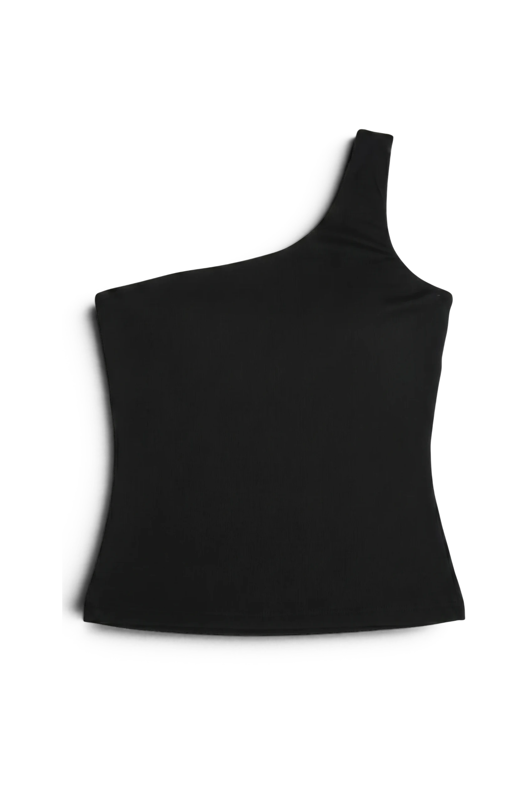 Meraki Closet PS black one-shoulder ribbed blouse with a soft, stretchy fit for elegant casual or evening wear.