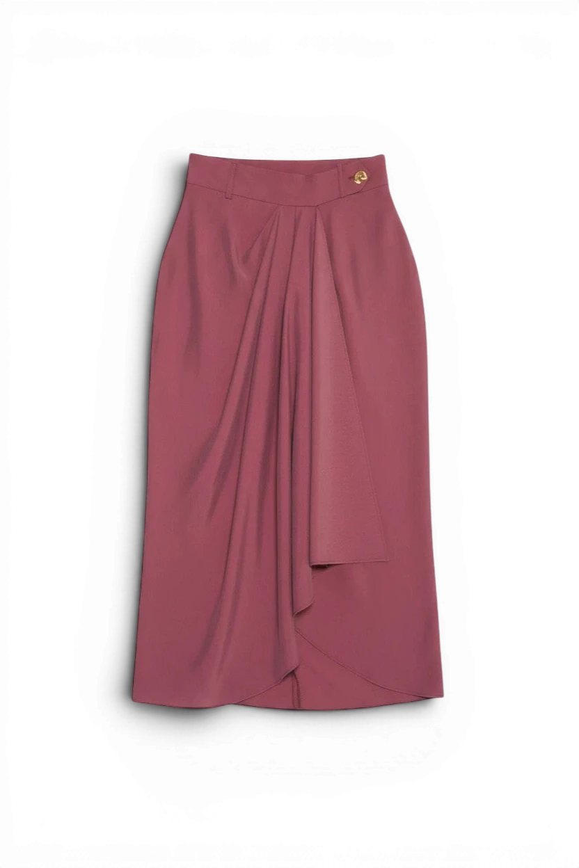 Meraki Closet PS mauve midi skirt with soft front draping, high waist, and gold button detail.