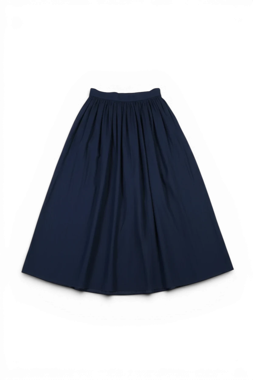 Meraki Closet PS navy blue midi skirt with a gathered waist and elegant flowy silhouette.
