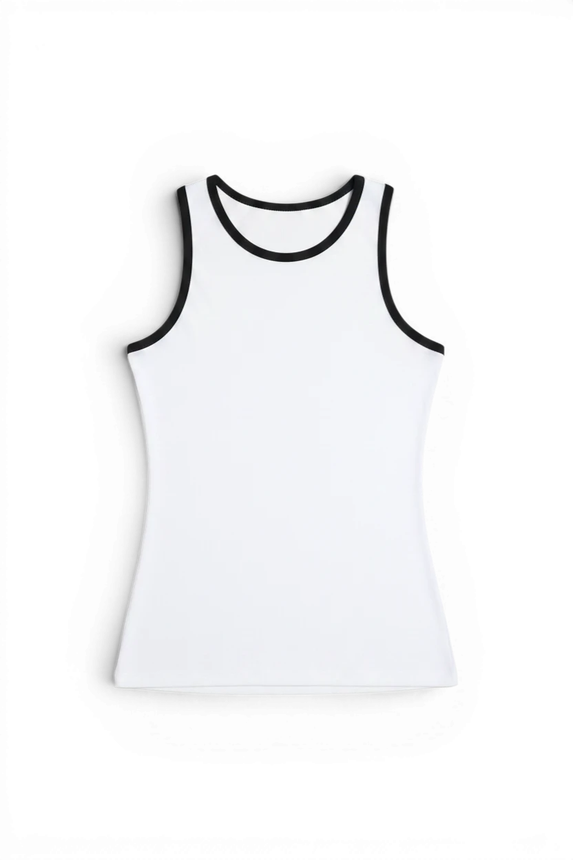 Meraki Closet PS white sleeveless contour tank top with black trim detailing, made from soft stretchy fabric.