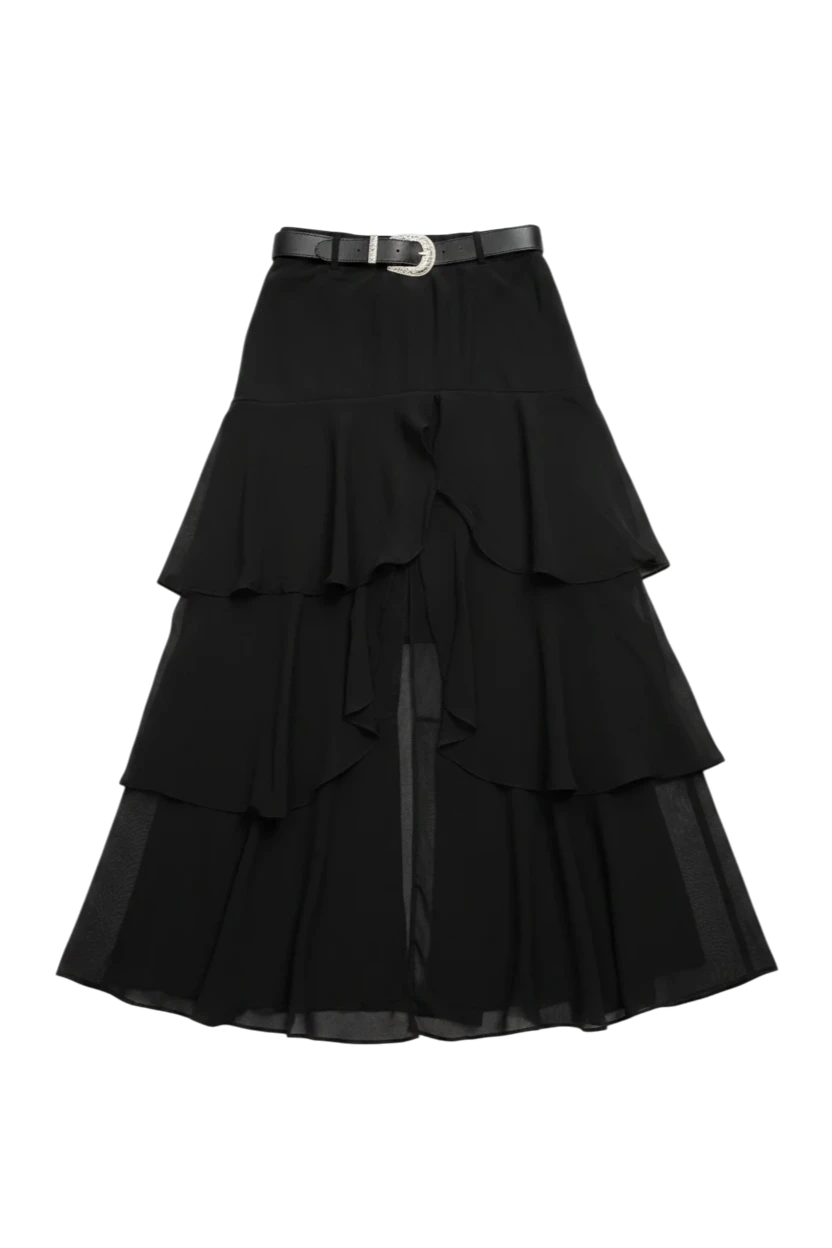 Meraki Closet PS black chiffon tiered midi skirt with a stylish western-style belt and ruffled hem detail.