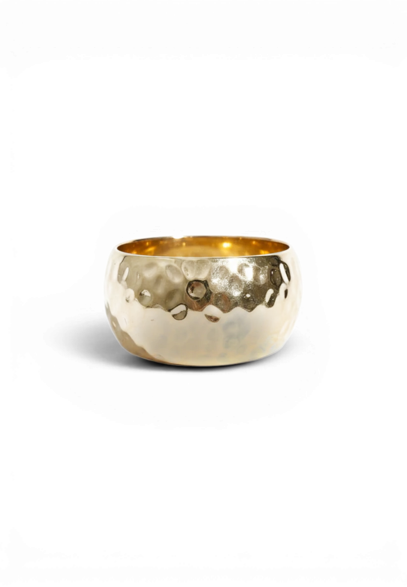 Meraki Closet PS gold-toned wide bangle bracelet with a textured hammered finish on a white background.