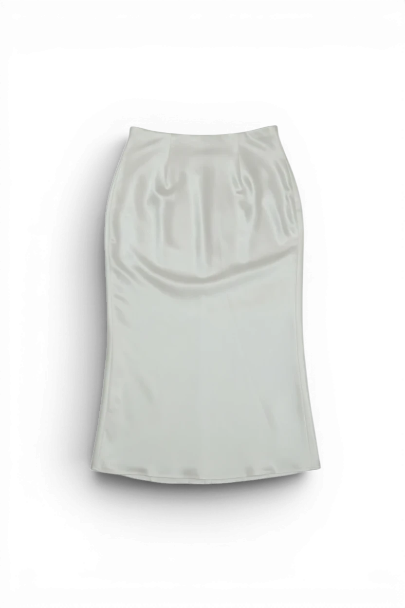 Meraki Closet PS white satin midi skirt with a smooth, elegant finish and a flattering high-waisted silhouette.
